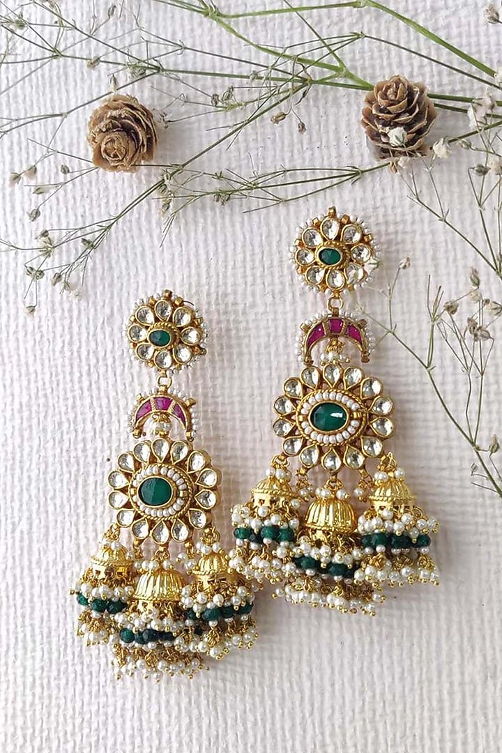 Gold Plated Uncut Polki & Beaded Jadau Dangler Earrings by Mortantra at Pernia's Pop Up Shop