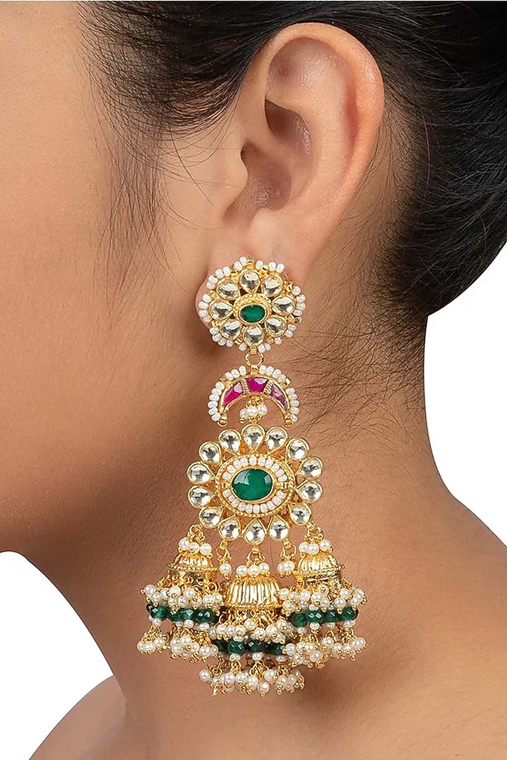Gold Plated Uncut Polki & Beaded Jadau Dangler Earrings by Mortantra at Pernia's Pop Up Shop