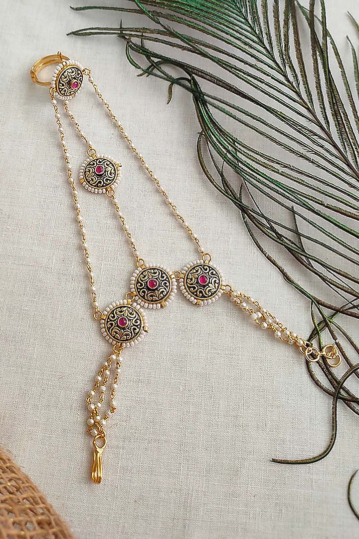 Gold Plated Uncut Polki & Beaded Jadau Haathphool by Mortantra at Pernia's Pop Up Shop