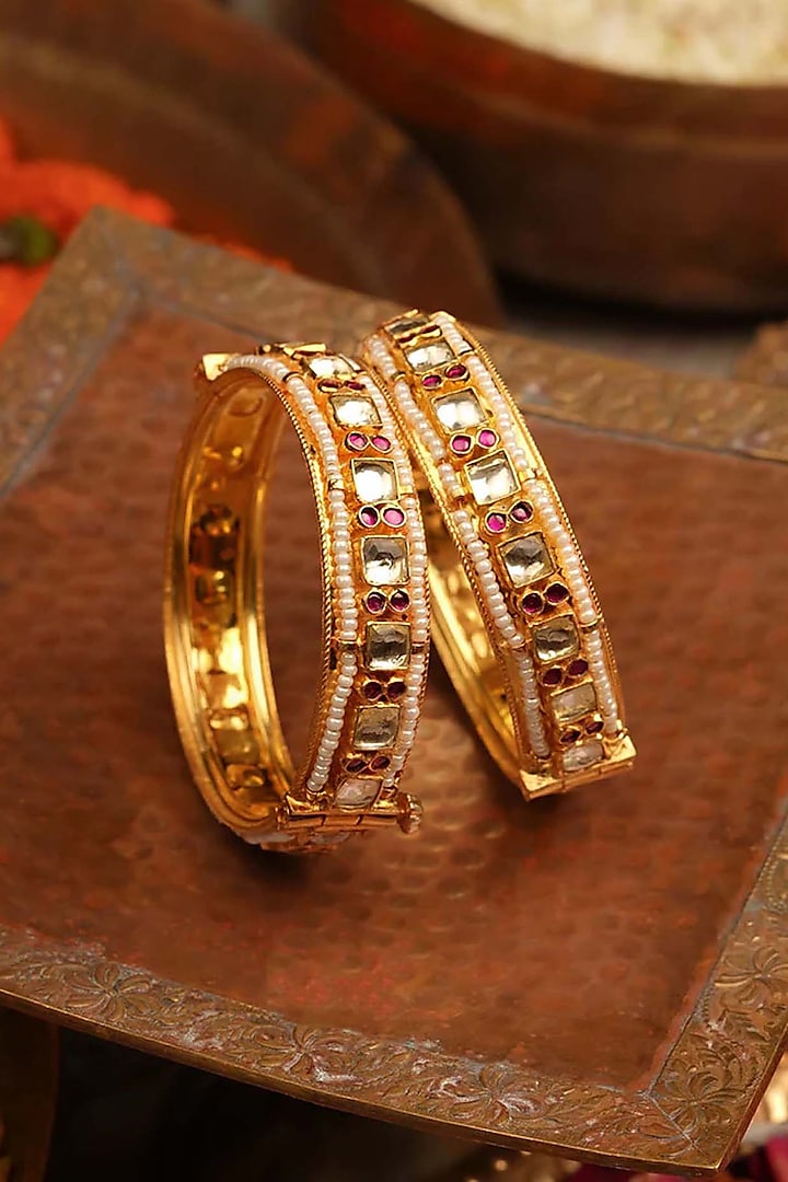 Gold Plated Uncut Polki & Beaded Jadau Bangle ( Set Of 2) by Mortantra at Pernia's Pop Up Shop