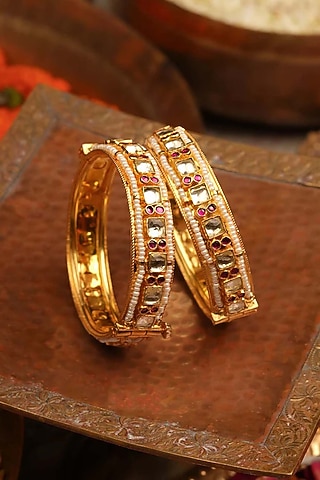 Gold Plated Uncut Polki & Beaded Jadau Bangle ( Set Of 2) by Mortantra