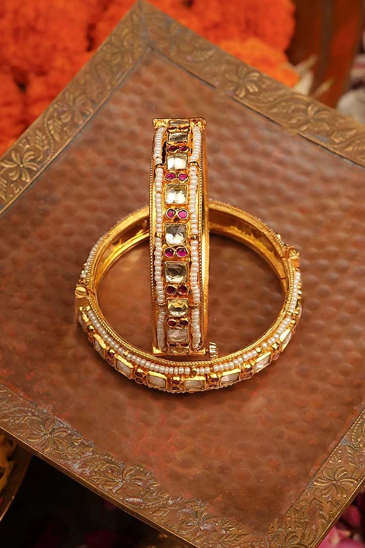 Gold Plated Uncut Polki & Beaded Jadau Bangle ( Set Of 2) by Mortantra at Pernia's Pop Up Shop