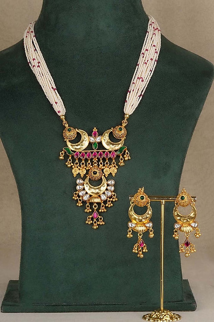 Gold Plated Uncut Polki & Beaded Jadau Long Necklace by Mortantra at Pernia's Pop Up Shop