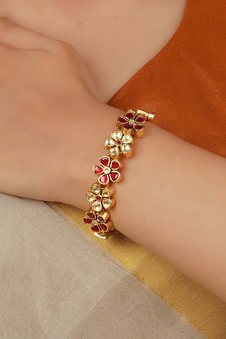 Gold Plated Uncut Polki & Beaded Jadau Bracelet by Mortantra at Pernia's Pop Up Shop