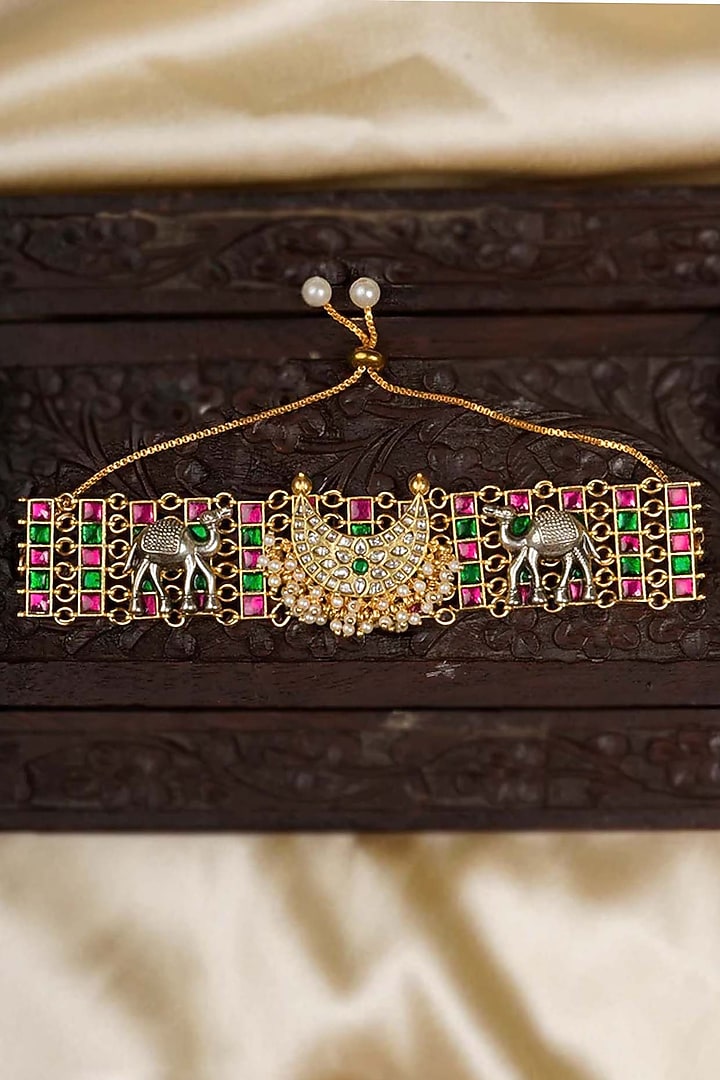 Gold Finish Jadau Kundan Polki Bracelet by Mortantra at Pernia's Pop Up Shop