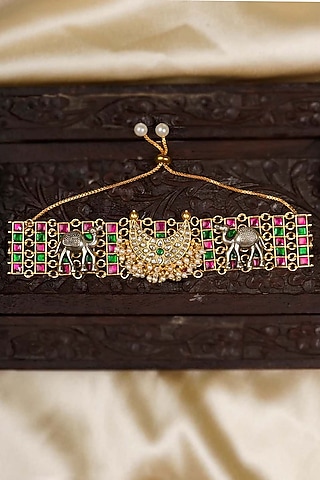 Gold Finish Jadau Kundan Polki Bracelet by Mortantra