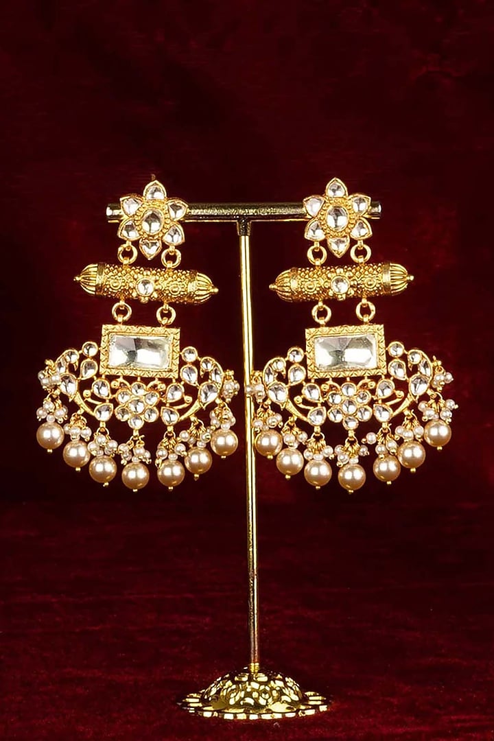 Gold Plated Uncut Polki & Beaded Jadau Dangler Earrings by Mortantra at Pernia's Pop Up Shop