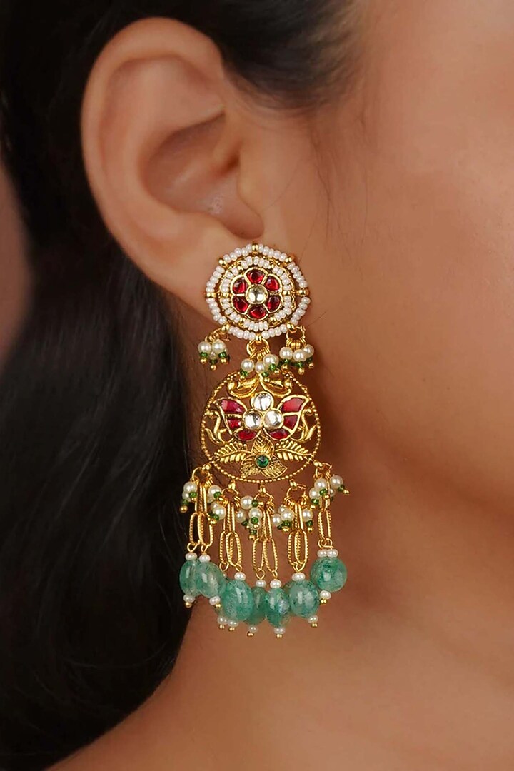 Gold Plated Uncut Polki & Beaded Jadau Dangler Earrings by Mortantra at Pernia's Pop Up Shop