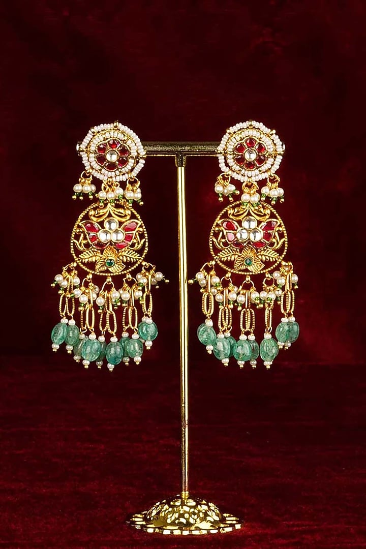 Gold Plated Uncut Polki & Beaded Jadau Dangler Earrings by Mortantra at Pernia's Pop Up Shop