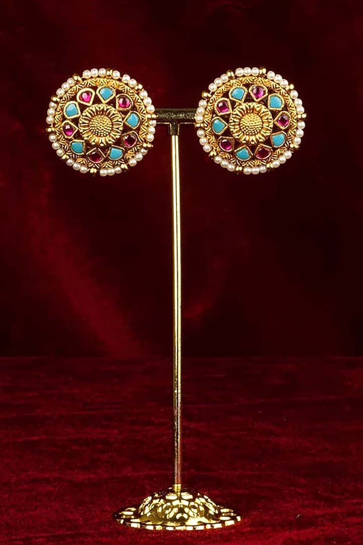 Gold Plated Uncut Polki & Beaded Jadau Stud Earrings by Mortantra at Pernia's Pop Up Shop