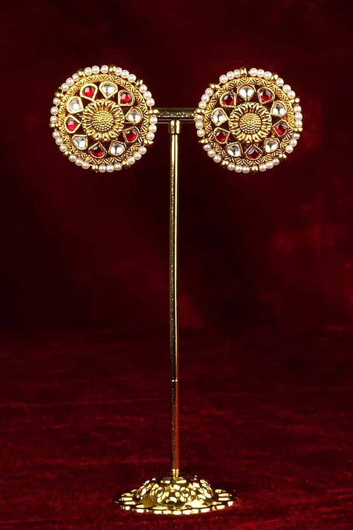 Gold Plated Uncut Polki & Beaded Jadau Stud Earrings by Mortantra at Pernia's Pop Up Shop