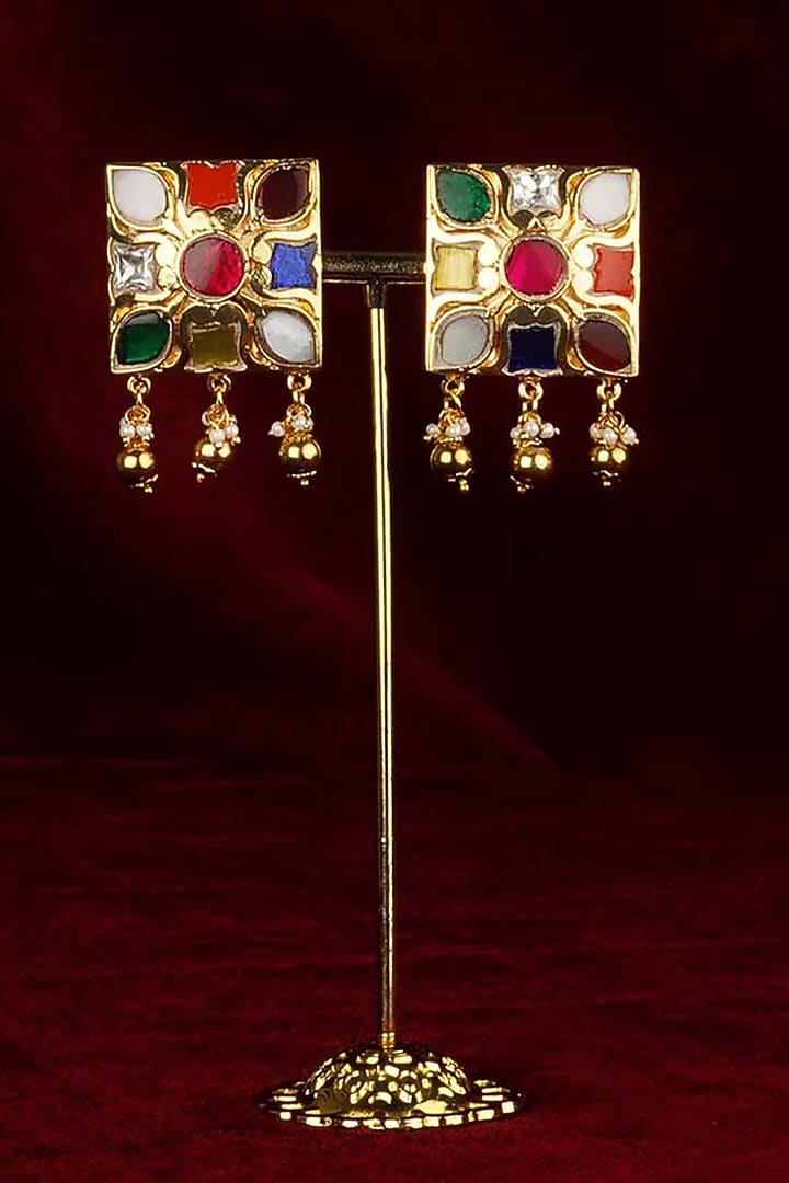 Gold Plated Uncut Polki & Beaded Jadau Stud Earrings by Mortantra at Pernia's Pop Up Shop