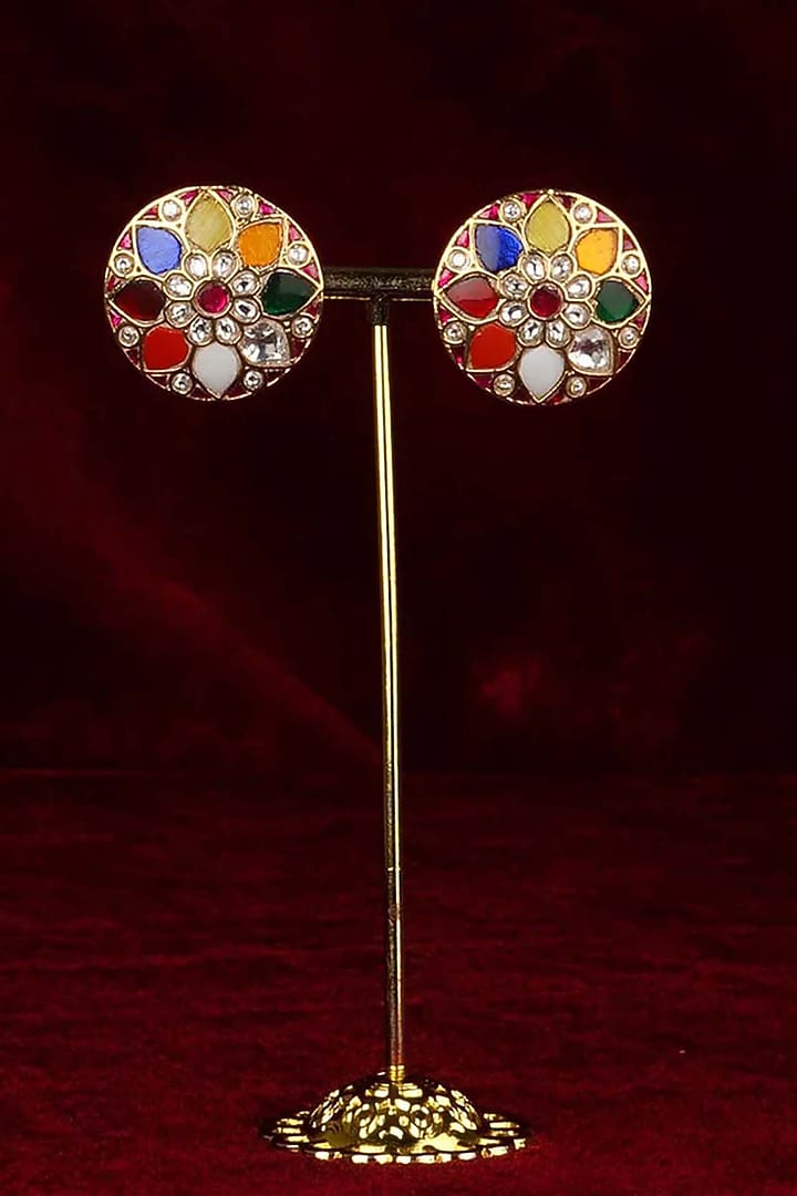 Gold Plated Uncut Polki & Beaded Jadau Stud Earrings by Mortantra at Pernia's Pop Up Shop