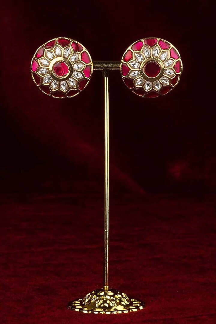 Gold Plated Uncut Polki & Beaded Jadau Stud Earrings by Mortantra at Pernia's Pop Up Shop