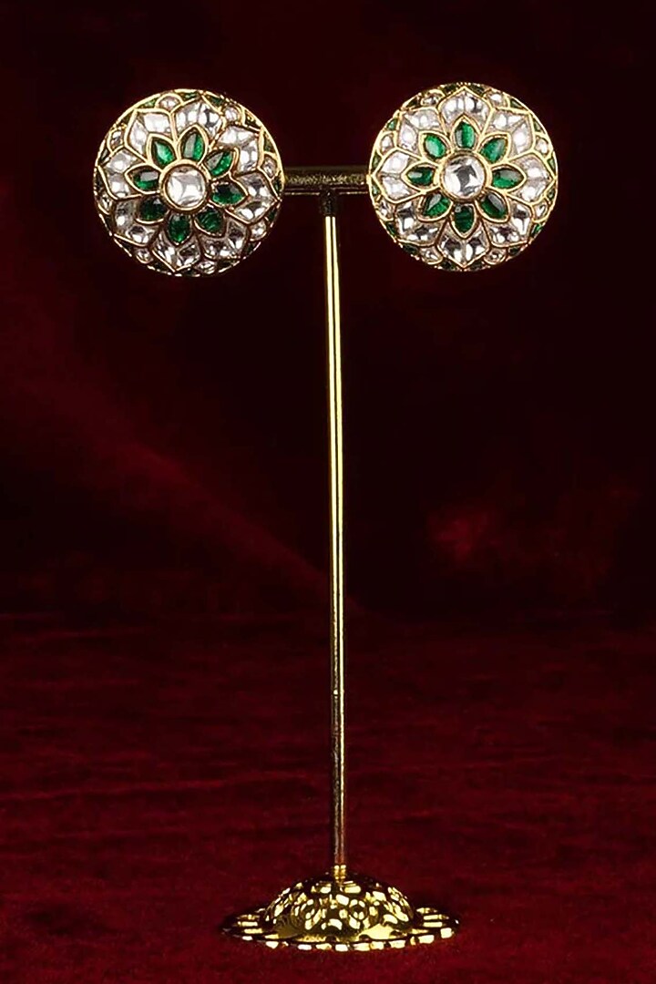 Gold Plated Uncut Polki & Beaded Jadau Stud Earrings by Mortantra at Pernia's Pop Up Shop