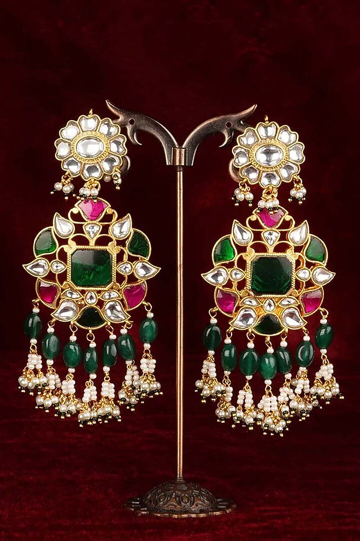 Gold Plated Uncut Polki & Beaded Jadau Dangler Earrings by Mortantra at Pernia's Pop Up Shop