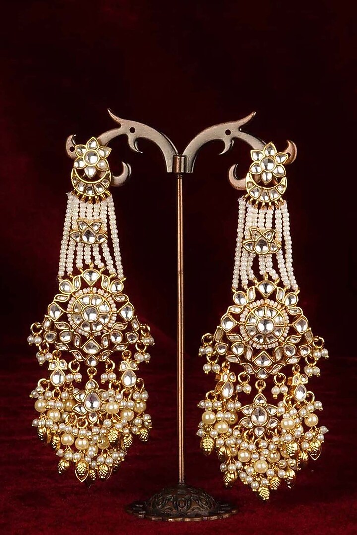 Gold Plated Uncut Polki & Beaded Jadau Dangler Earrings by Mortantra at Pernia's Pop Up Shop
