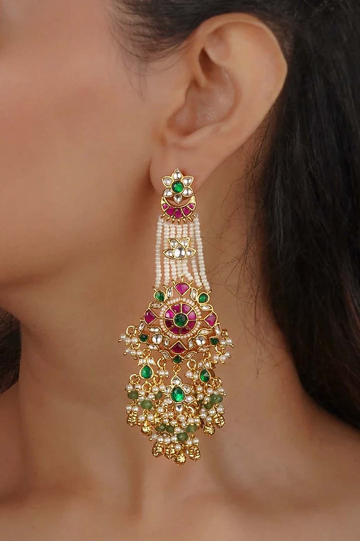 Gold Plated Uncut Polki & Beaded Jadau Dangler Earrings by Mortantra at Pernia's Pop Up Shop