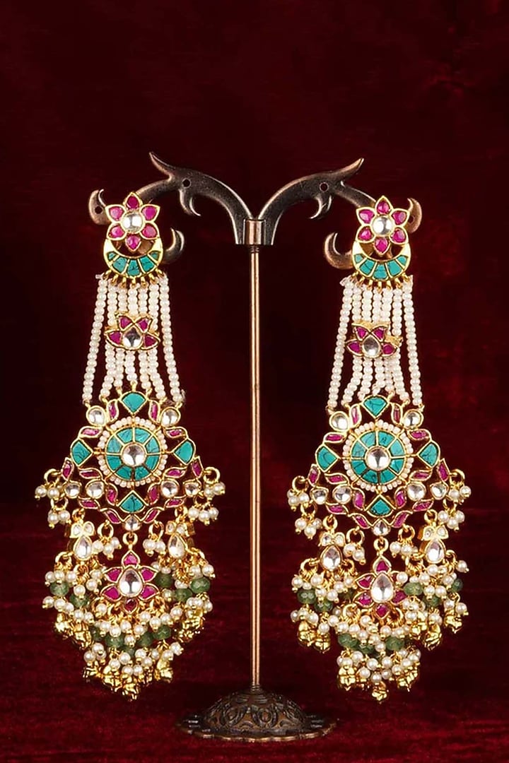 Gold Plated Uncut Polki & Beaded Jadau Dangler Earrings by Mortantra at Pernia's Pop Up Shop