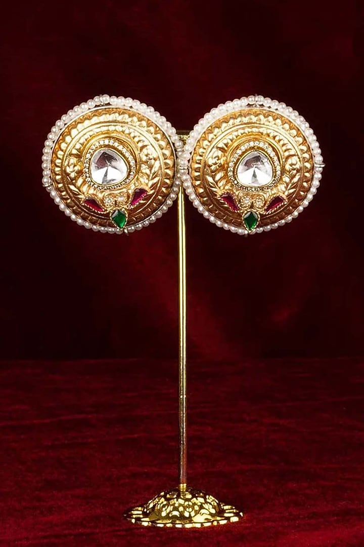 Gold Plated Uncut Polki & Beaded Jadau Stud Earrings by Mortantra at Pernia's Pop Up Shop