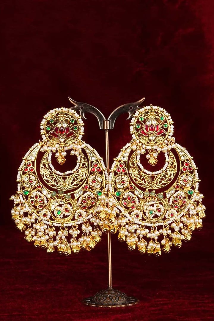 Gold Plated Uncut Polki & Beaded Jadau Chandbali Earrings by Mortantra at Pernia's Pop Up Shop