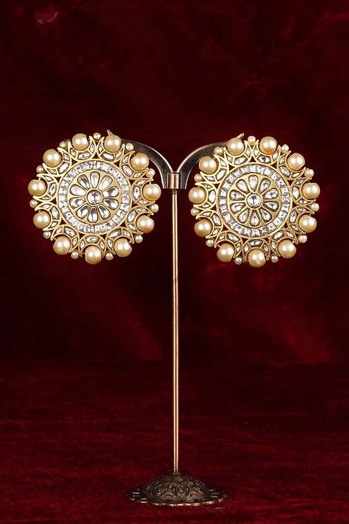 Gold Plated Uncut Polki & Beaded Jadau Stud Earrings by Mortantra at Pernia's Pop Up Shop