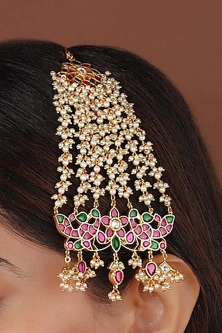 Gold Plated Uncut Polki & Beaded Jadau Passa by Mortantra
