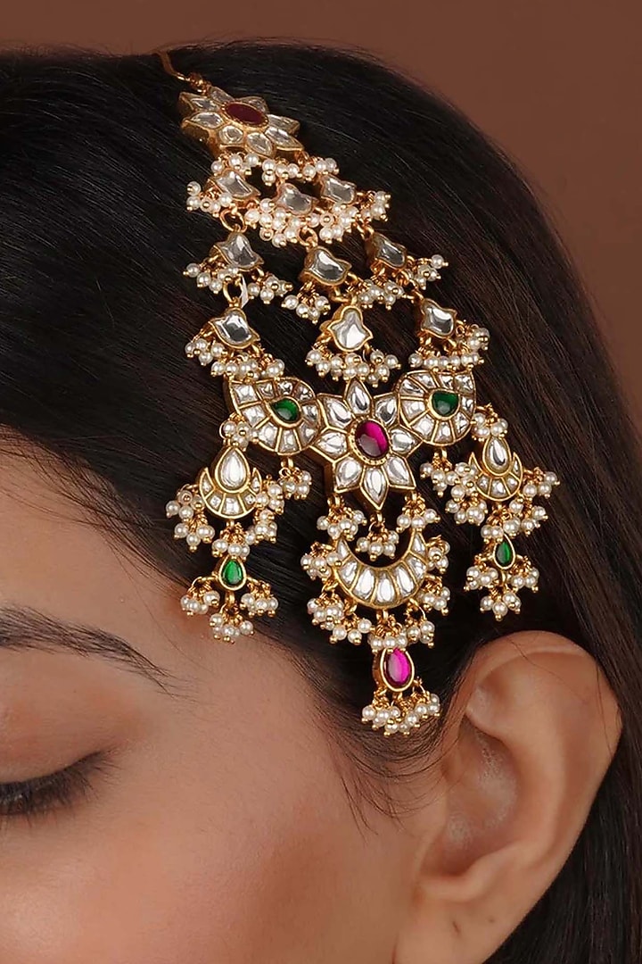 Gold Plated Uncut Polki & Beaded Jadau Passa by Mortantra at Pernia's Pop Up Shop