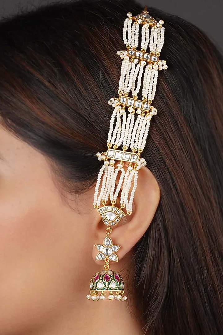 Gold Plated Uncut Polki & Beaded Jadau Dangler Earrings by Mortantra at Pernia's Pop Up Shop