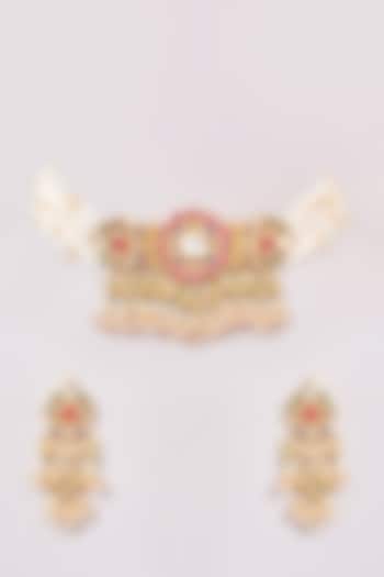 Gold Finish Multi-Colored Kundan Polki & Jadau Necklace Set by Mortantra at Pernia's Pop Up Shop