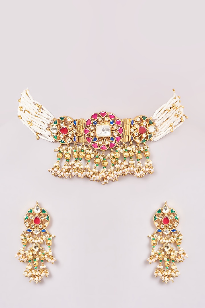 Gold Finish Multi-Colored Kundan Polki & Jadau Necklace Set by Mortantra at Pernia's Pop Up Shop