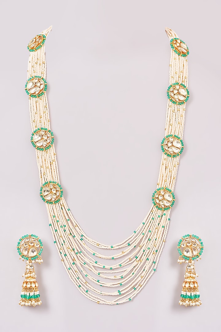 Gold Finish Green Kundan Polki & Jadau Necklace Set by Mortantra at Pernia's Pop Up Shop