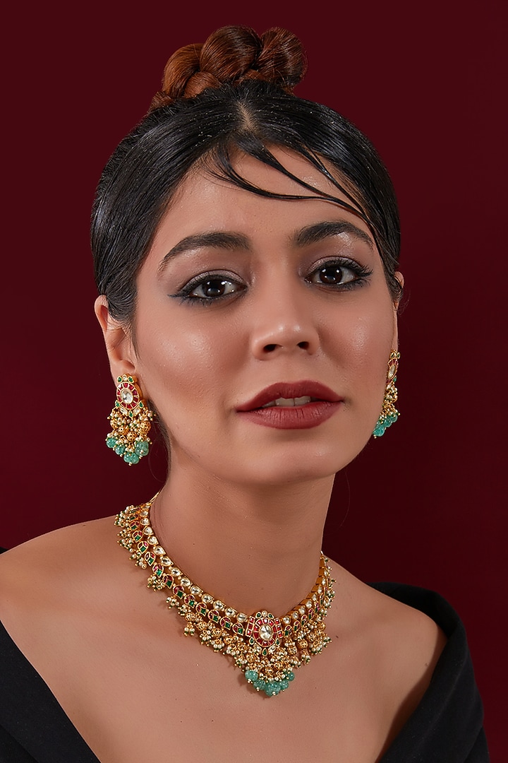 Gold Finish Multi-Colored Kundan Polki & Jadau Necklace Set by Mortantra at Pernia's Pop Up Shop