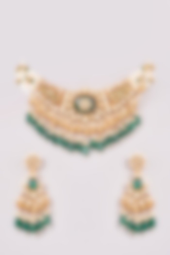 Gold Finish Green Kundan Polki & Jadau Necklace Set by Mortantra at Pernia's Pop Up Shop