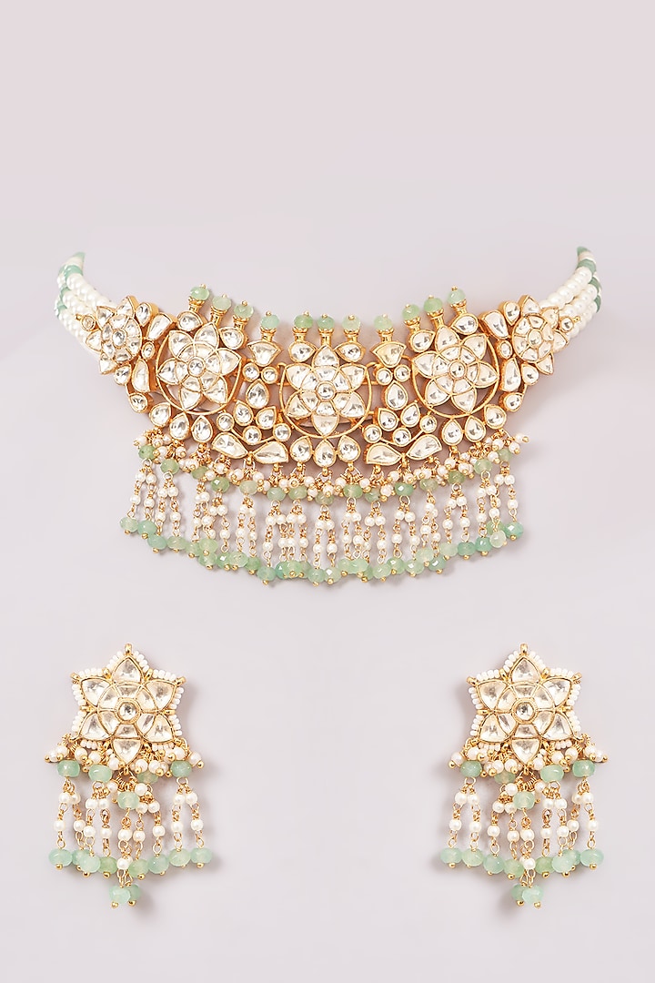 Gold Finish Green Kundan Polki & Jadau Necklace Set by Mortantra at Pernia's Pop Up Shop