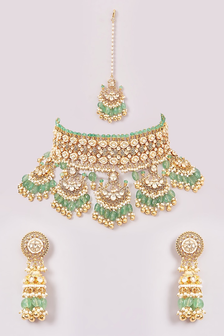 Gold Finish Green Kundan Polki & Jadau Necklace Set by Mortantra at Pernia's Pop Up Shop