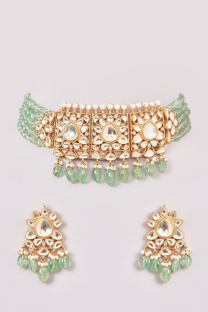 Gold Finish Green Kundan Polki & Jadau Necklace Set by Mortantra at Pernia's Pop Up Shop
