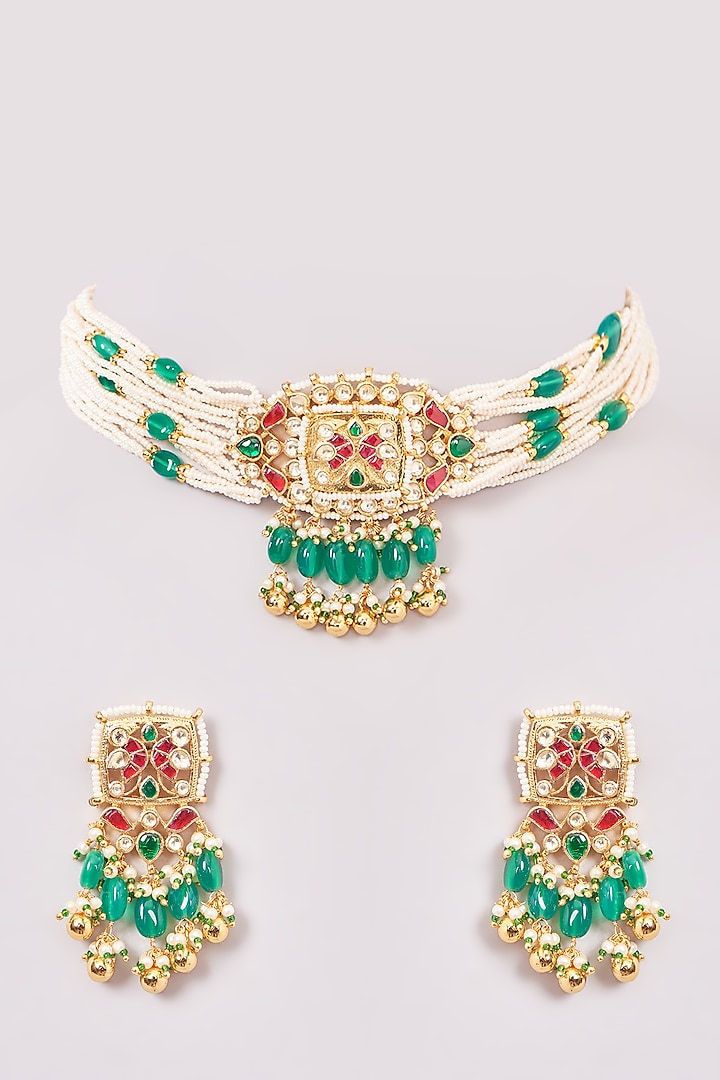 Gold Finish Multi-Colored Kundan Polki & Jadau Necklace Set by Mortantra at Pernia's Pop Up Shop