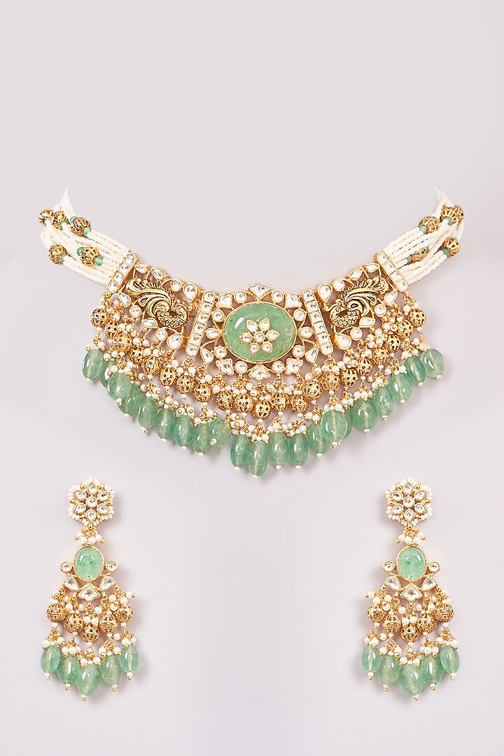 Gold Finish Multi-Colored Kundan Polki & Jadau Necklace Set by Mortantra at Pernia's Pop Up Shop