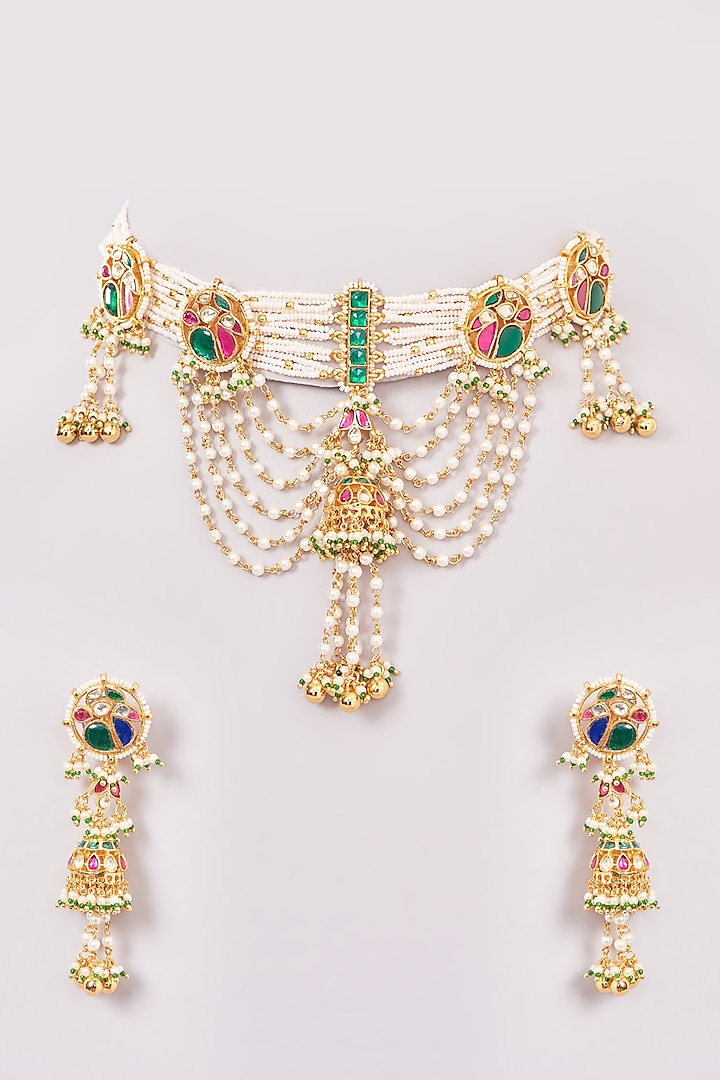 Gold Finish Multi-Colored Kundan Polki & Jadau Necklace Set by Mortantra at Pernia's Pop Up Shop