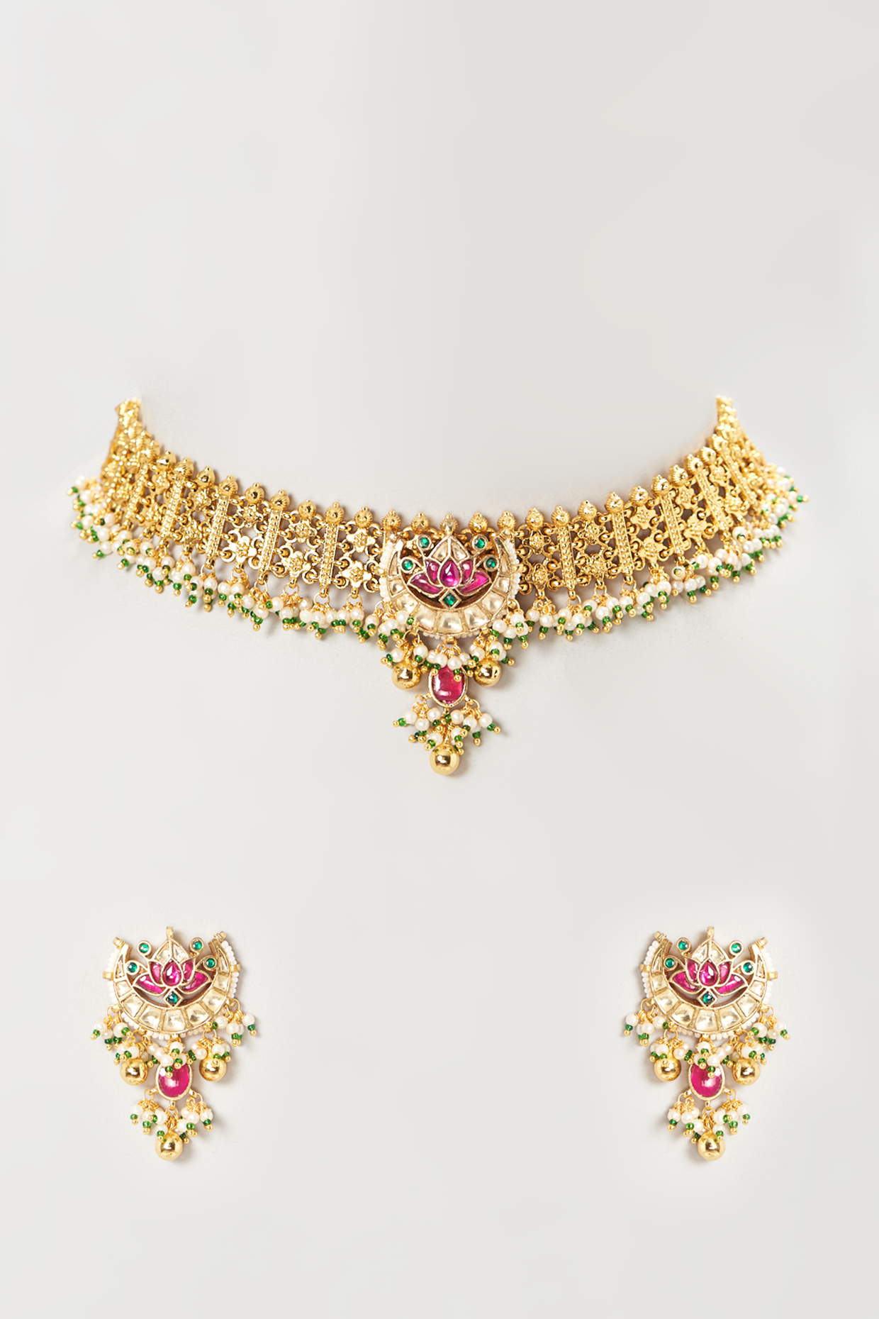 Gold Finish Multi-Colored Kundan Polki Choker Necklace Set by Mortantra