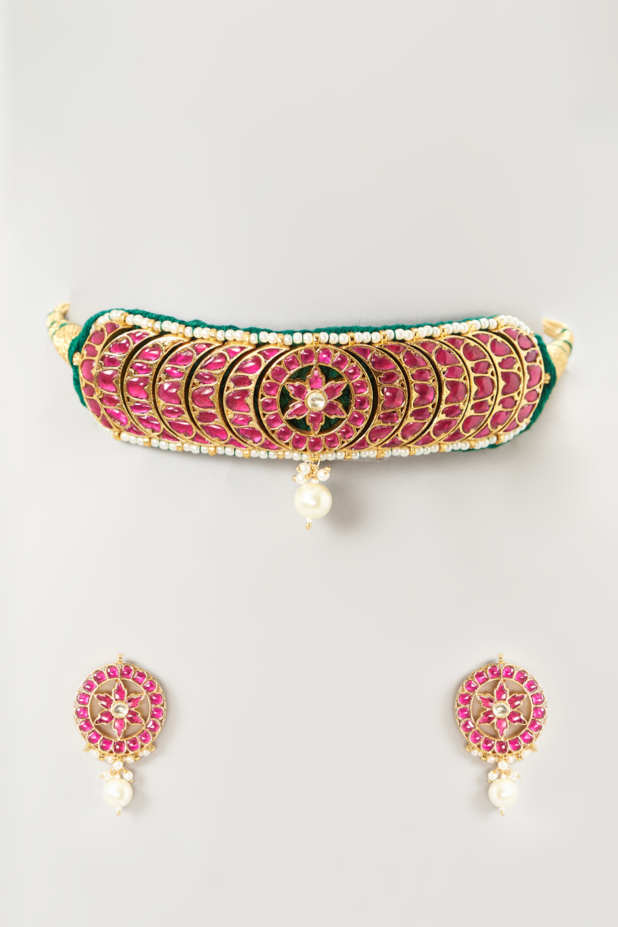 Gold Finish Multi-Colored Kundan Polki Choker Necklace Set by Mortantra