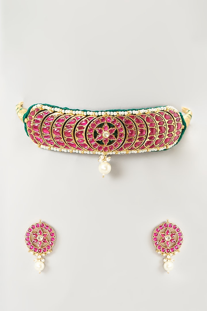 Gold Finish Multi-Colored Kundan Polki Choker Necklace Set by Mortantra