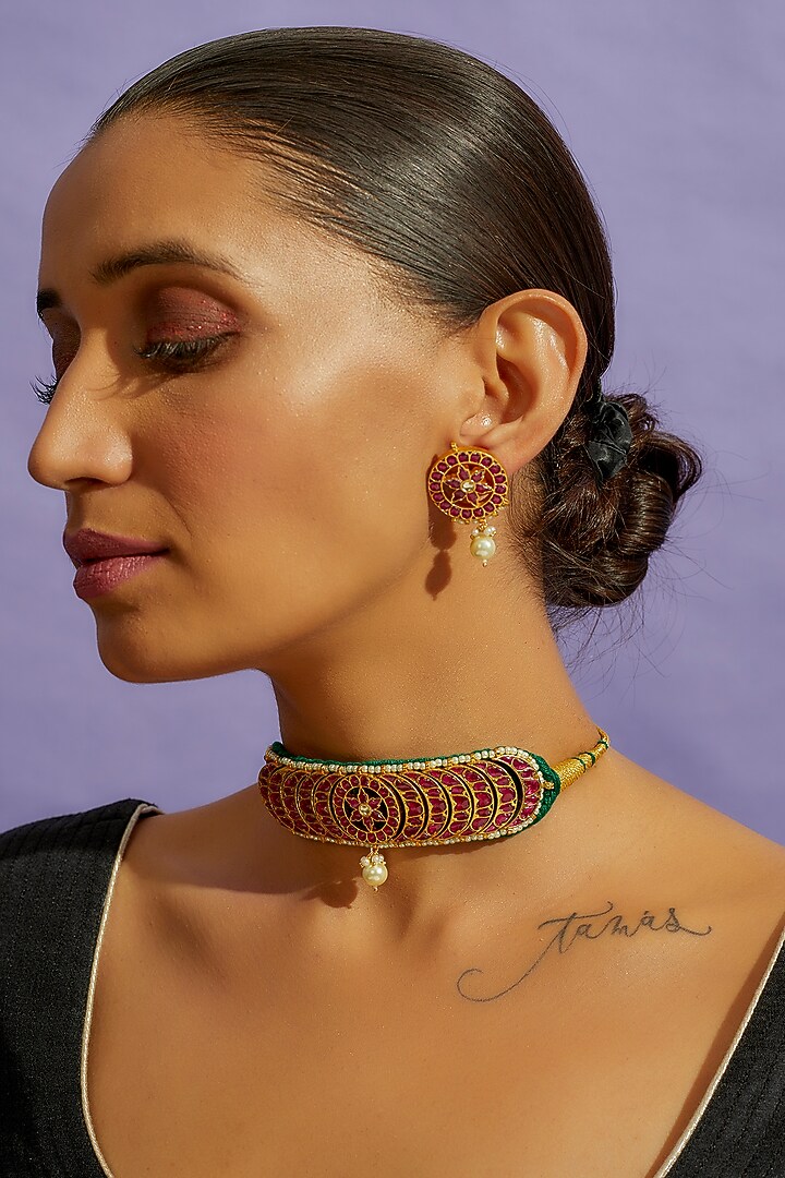 Gold Finish Multi-Colored Kundan Polki Choker Necklace Set by Mortantra at Pernia's Pop Up Shop