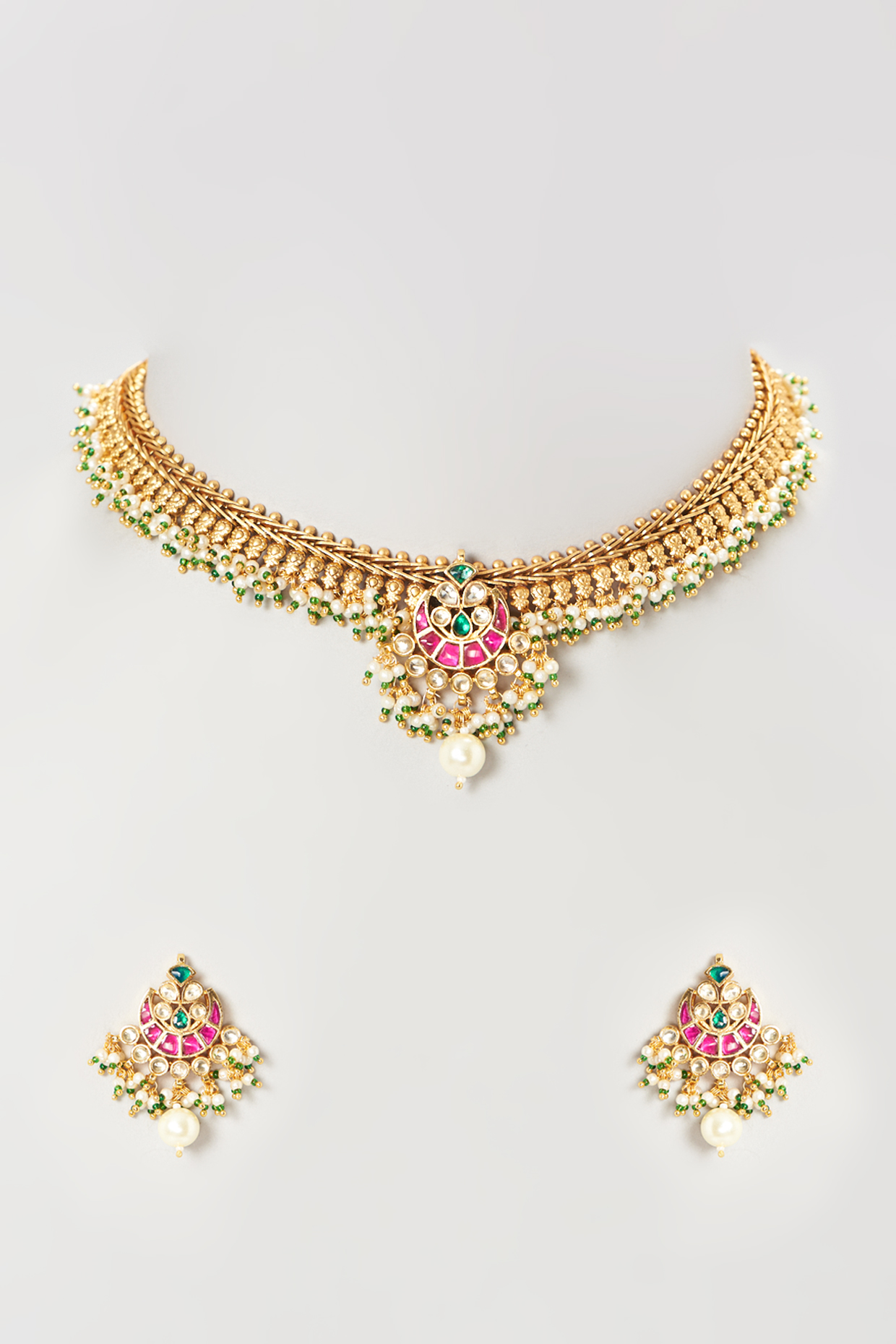 Gold Finish Multi-Colored Kundan Polki Choker Necklace Set by Mortantra