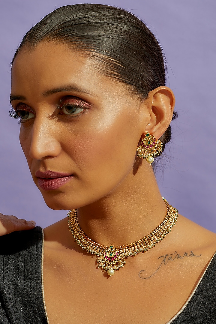Gold Finish Multi-Colored Kundan Polki Choker Necklace Set by Mortantra at Pernia's Pop Up Shop
