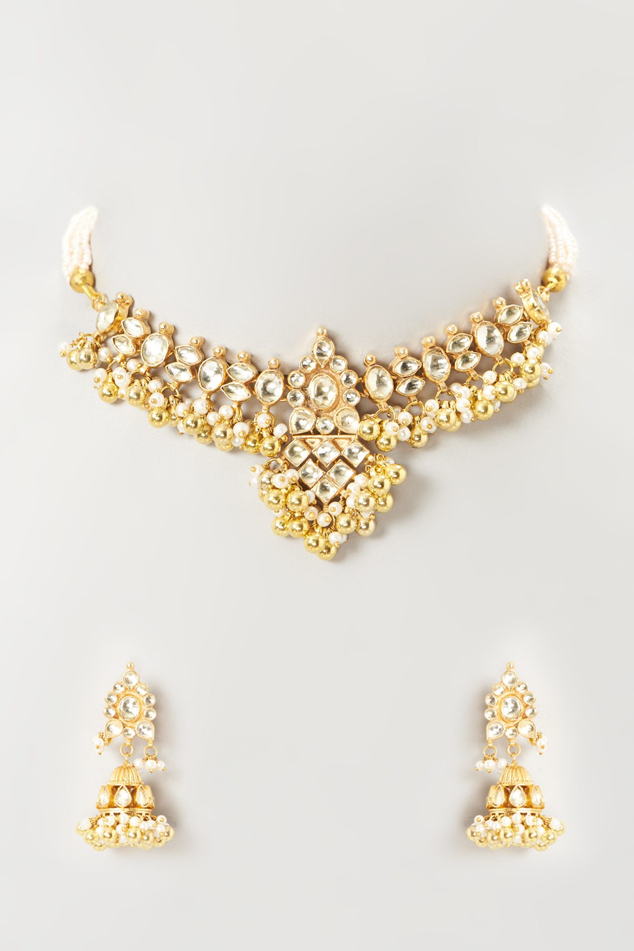 Gold Finish Kundan Polki Necklace Set by Mortantra