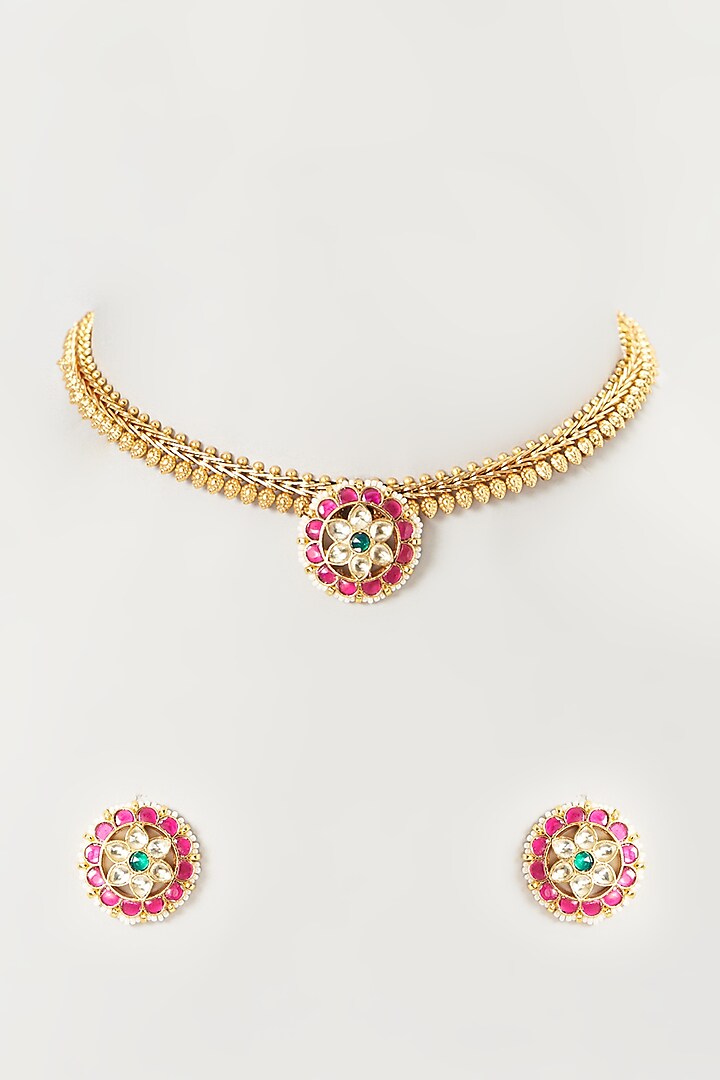 Gold Finish Multi-Colored Kundan Polki Choker Necklace Set by Mortantra