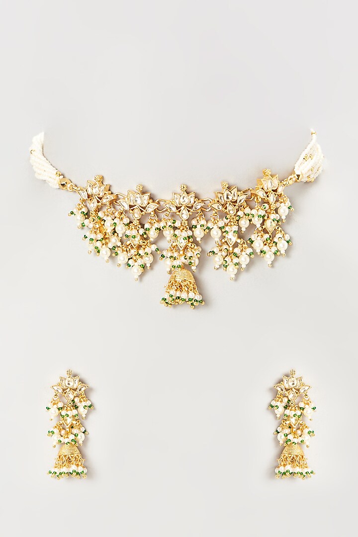 Gold Finish Kundan Polki Choker Necklace Set by Mortantra