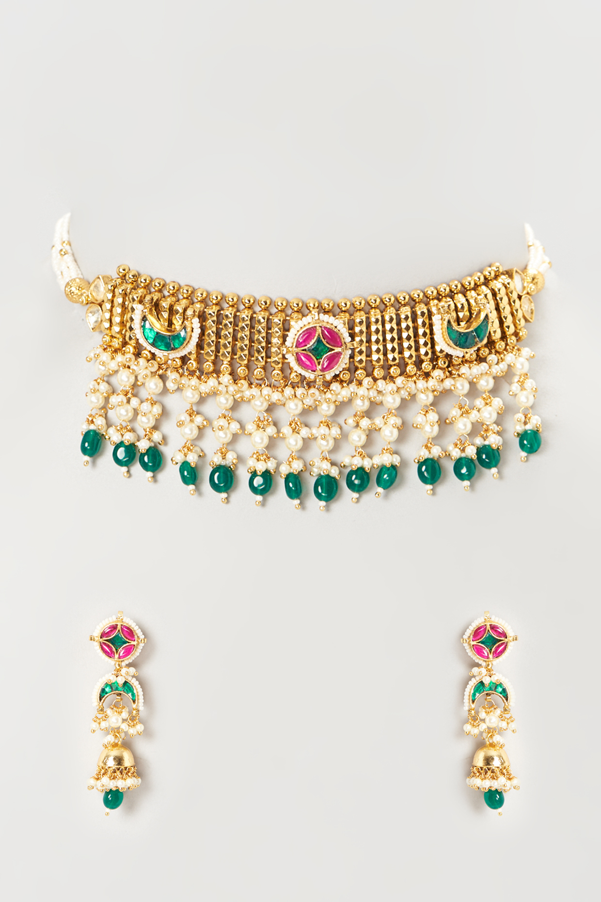 Gold Finish Multi-Colored Kundan Polki Choker Necklace Set by Mortantra
